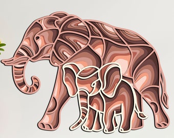 Elephants Mom and Baby Mandala svg,layered SVG files for Cnc router Laser ,Elephant Mandala 3D svg