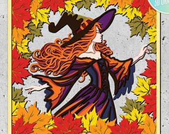 3D SVG Witch Dancing In Fall Leaves Shadow Box,Witch 3D SVG,Cricut Silhouette,Layered Witch 3D svg, Fall Leaves 3D SVG,Halloween 3D Svg
