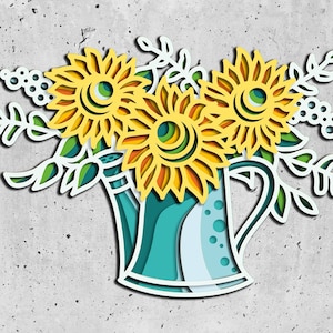 Tournesol 3D Mandala svg fichiers, décor d’automne panneau stratifié pour la découpe laser,Arrosoir pour fleurs 3D svg,Fleurs 3D svg,