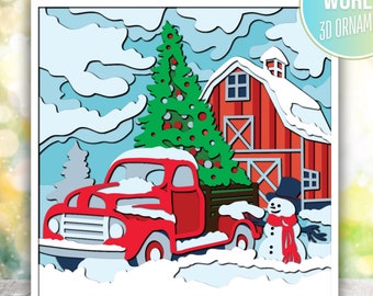 Winter Scene Shadow Box, Christmas Truck, Snowman (svg, dxf, dwg, eps, ai)