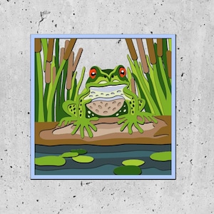 May include: A green frog with red eyes sits on a brown log in a pond. The frog is surrounded by green reeds and lily pads.
