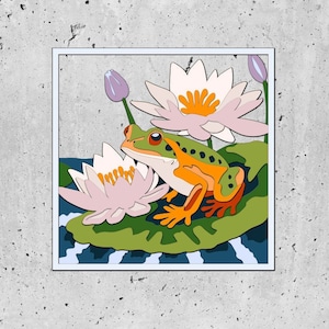 3D kikker onder waterlelie bloem SVG, 3D regen SVG, 3D Lotus bloem SVG Cricut silhouet, 3D zomer SVG, 3D kikker SVG