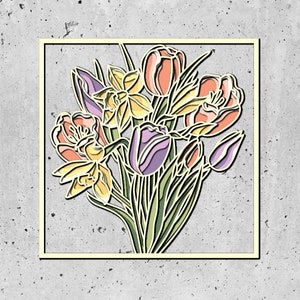 May include: A framed illustration of a bouquet of spring flowers. The flowers are yellow, orange, purple, and green. The frame is yellow.