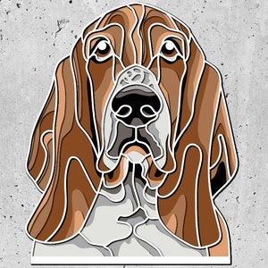 May include: A stylized illustration of a brown and white basset hound dog with large floppy ears. The dog's face is shown in close-up, with its nose and eyes prominent.