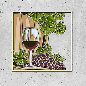 Caixa de sombra de vinho 3D SVG em camadas, caixa de sombra de vinícola, taça de vinho 3D SVG, folhas 3D SVG, silhueta Cricut, vinho colorido em camadas SVG