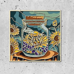 3D Bees In Jar Shadow Box SVG Layered SVG, Spring Shadow Box, Honey Bee 3D Svg,3D Plywood Mandala Bee SVG
