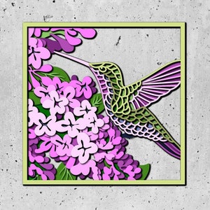 Ramas de flores lilas 3D con caja de sombras de colibrí SVG, flores lilas 3D SVG, silueta cricut, SVG de primavera 3D, colibrí en capas 3d svg