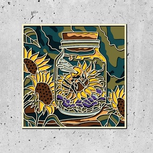 3D Bees In Jar Shadow Box SVG Layered SVG, Spring Shadow Box, Honey Bee 3D Svg,3D Plywood Mandala Bee SVG