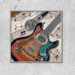 May include: A colorful illustration of a guitar and microphone on a background of musical notes. The guitar is brown, orange, blue, and green. The microphone is silver. The notes are black and white.