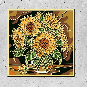 Vaso com girassóis 3D Mandala svg, arquivos SVG em camadas para roteador CNC a laser ou Cricut, painel de corte a laser em camadas, mandala 3D svg