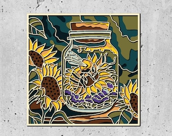 3D Bees In Jar Shadow Box SVG Layered SVG, Spring Shadow Box, Honey Bee 3D Svg,3D Plywood Mandala Bee SVG
