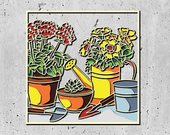 Garten Schatten 3D Box SVG, Regal mit Topfpflanzen und Werkzeugen, Cricut Silhouette, Frühlingsgarten mit Blättern und Blüten,