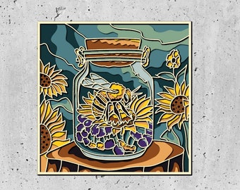 3D Bees In Jar Shadow Box SVG Layered SVG, Spring Shadow Box, Honey Bee 3D Svg,3D Plywood Mandala Bee SVG