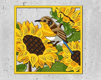 3D レイヤードひまわりとレース フレーム シャドウ ボックス SVG