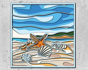 Sea shells and starfish 3D Mandala svg files, DXF templates for CNC router, layered panel for laser cutting, Sea Layered SVG,