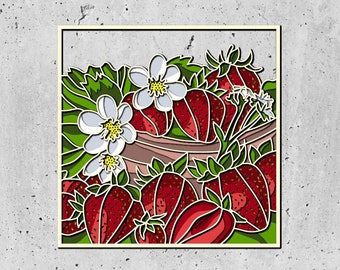 3D SVG Strawberry Shadow Box SVG, Spring Shadow Box, bladeren 3D Svg, bloemen 3D svg, 3D multiplex mandala, 3D-laag