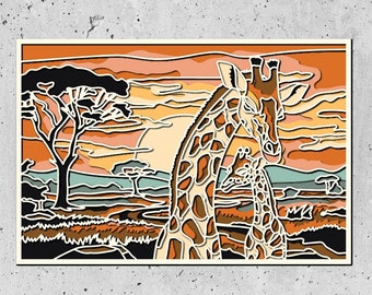 Giraffe Mom and Baby Mandala svg,Africa 3D Papercraft, Layered SVG Files for Laser or Cricut CNC Router,