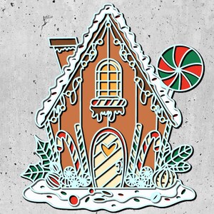 3d Casa de pan de jengibre Svg, Casa de Navidad Shadow Box Svg Archivos Cricut, Mandala de madera contrachapada 3D, Cartulina Svg, Archivo de corte de madera contrachapada SVG Dwg,