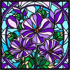 May include: A stained glass window design featuring a cluster of purple flowers with green leaves and a blue background.