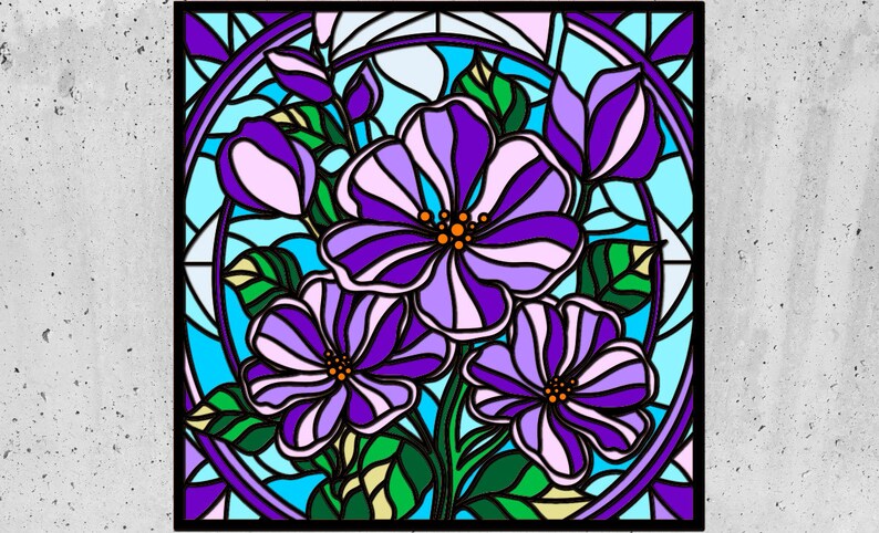 May include: A stained glass window design featuring a cluster of purple flowers with green leaves and a blue background.
