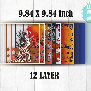 Pu&ograve; includere: Un modello di papercraft a 12 strati che rappresenta una scena autunnale con una donna in un abito bianco in piedi in un bosco. Il modello misura 9,84 pollici per 9,84 pollici.