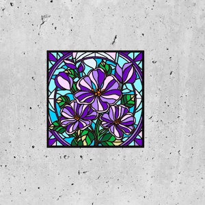 May include: A stained glass window design featuring a cluster of purple flowers with green leaves and a blue background.