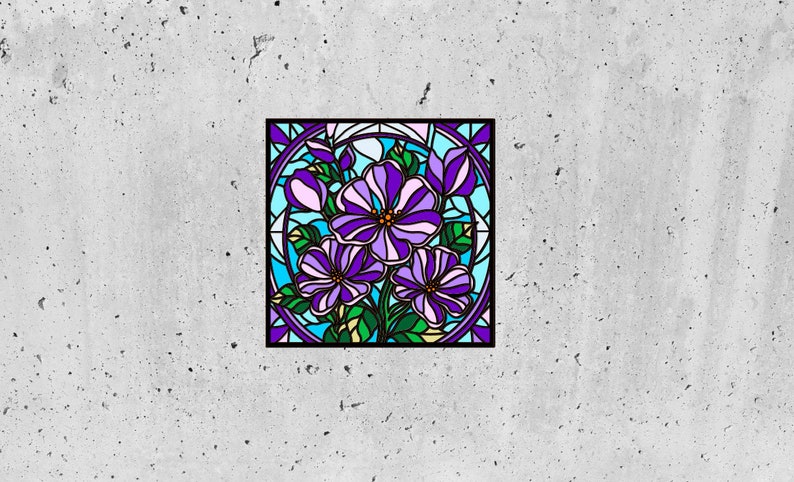 May include: A stained glass window design featuring a cluster of purple flowers with green leaves and a blue background.