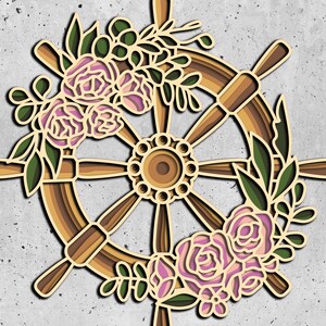 Ship&#39;s helm with roses 3d svg laser,3D Mandala svg, DXF templates for cnc router, laser cutting layered panel,