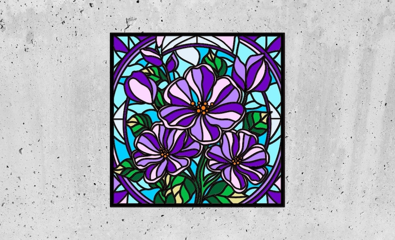 May include: A stained glass window design featuring a cluster of purple flowers with green leaves and a blue background.