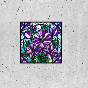 May include: A stained glass window design featuring a cluster of purple flowers with green leaves and a blue background.