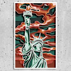 Estátua da Liberdade 3D SVG em camadas para cartões, caixa memorial dos EUA, estátua colorida 3D em camadas SVG, arquivos de mandala Merica, arte pop dos EUA