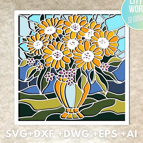 3DひまわりSVG DXFファイル、自然SVG、花のレイヤーSVG、レーザー