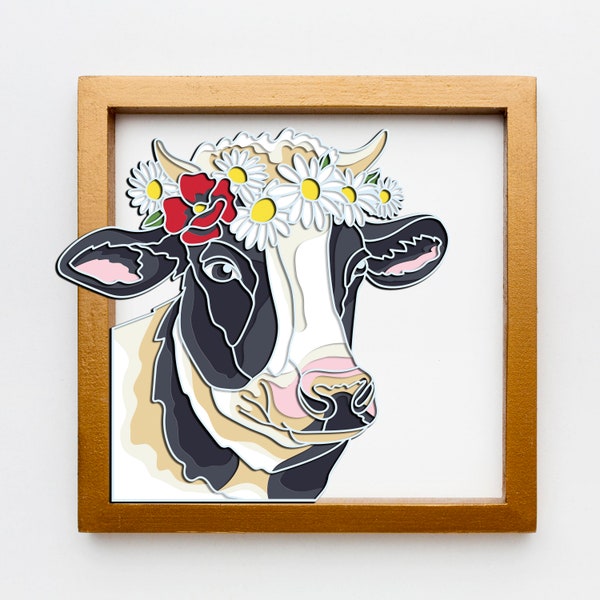 Vache 3D en couches SVG, décoration de ferme, vache colorée 3D Papercraft SVG, SVG pour Cricut, cadeau de vache pour agriculteur,