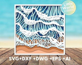 3D Sea Wave SVG, Beach Shadow Box Cutting File (Digital Download)