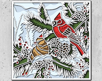 Cardinals Shadow Box SVG ,Cardinal On Tree Christmas,Memorial 3D SVG,Memorial Shadow Box files