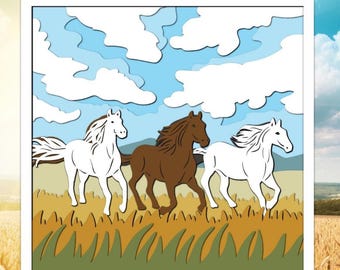 Running Horses Shadow Box SVG, Layered Paper Cut File
