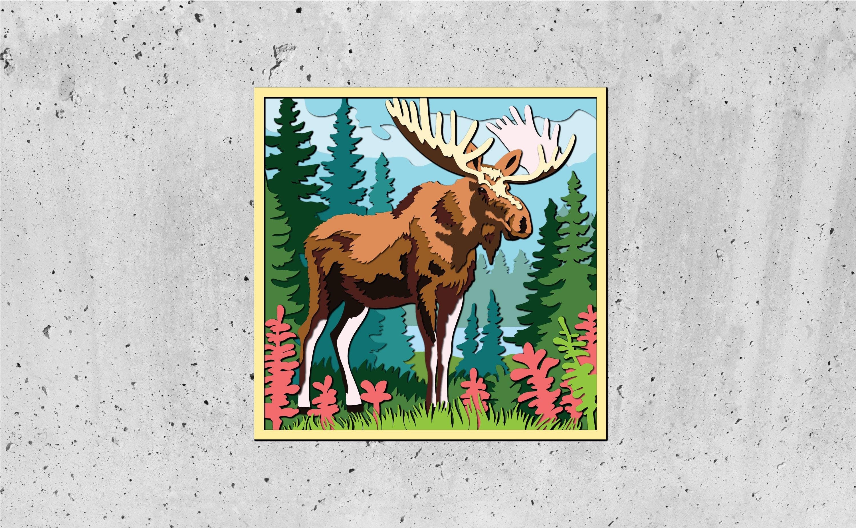 3D Moose Standing In Forest Shadow Box SVG,Pine Trees 3d svg, Forest 3d svg, Cricut Silhouette,3D Summer SVG, 3D Moose Svg, Nature 3D SVG,