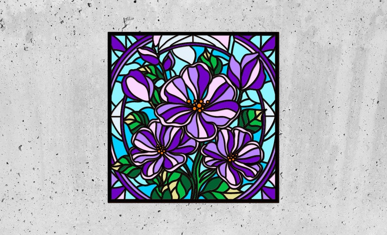 May include: A stained glass window design featuring a cluster of purple flowers with green leaves and a blue background.