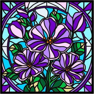 May include: A stained glass window design featuring a cluster of purple flowers with green leaves and a blue background.