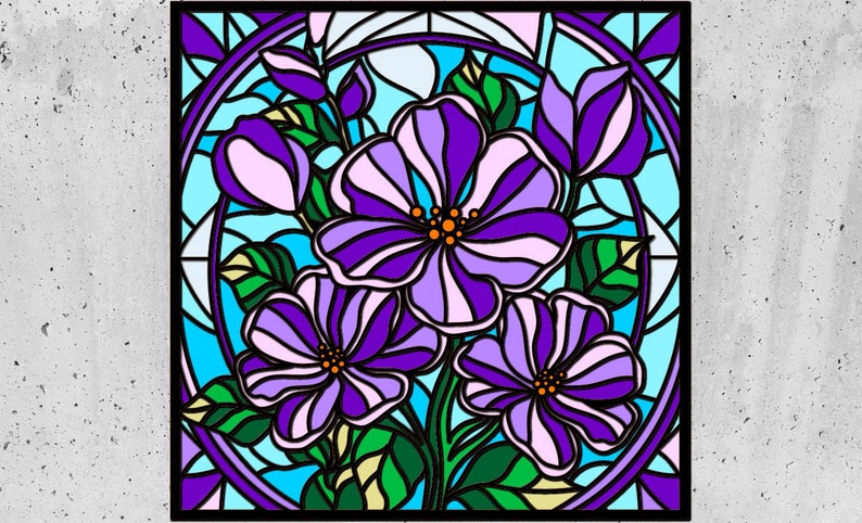 May include: A stained glass window design featuring a cluster of purple flowers with green leaves and a blue background.