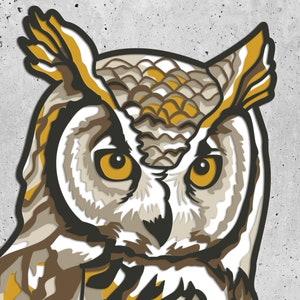Búho 3D de cartón en capas SVG, búho colorido en capas, Pájaro mandala Pop Art, Animal 3D Papercraft SVG, Búho en capas SVG,