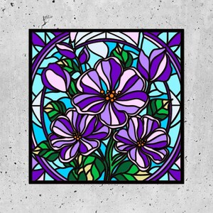 May include: A stained glass window design featuring a bouquet of purple flowers with green leaves. The flowers are stylised with a geometric pattern and are set against a blue and white background.