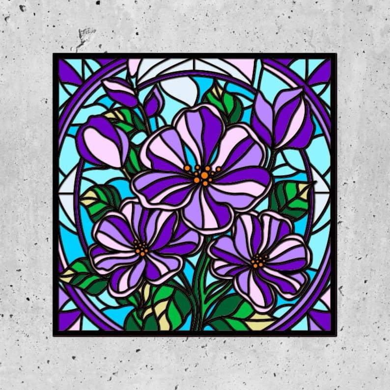 May include: A stained glass window design featuring a bouquet of purple flowers with green leaves. The flowers are stylised with a geometric pattern and are set against a blue and white background.