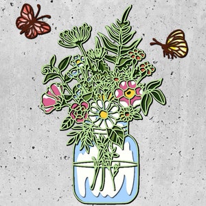 Jar with flowers 3D laser svg, flowers  3D Zentangle svg files, 3D Mandala svg, DXF templates for CNC router, layered laser cutting panel,