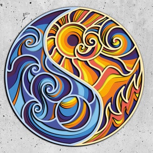 Yin en Yang dag en nacht 3D Mandala SVG-bestanden, lasergesneden, Yin en Yang 3D SVG, DXF-sjablonen voor Glowforge CNC-router