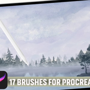 May include: A digital illustration of a misty forest scene with a blue and grey colour scheme. The image includes the text "17 Brushes for Procreate" and a Procreate app icon.