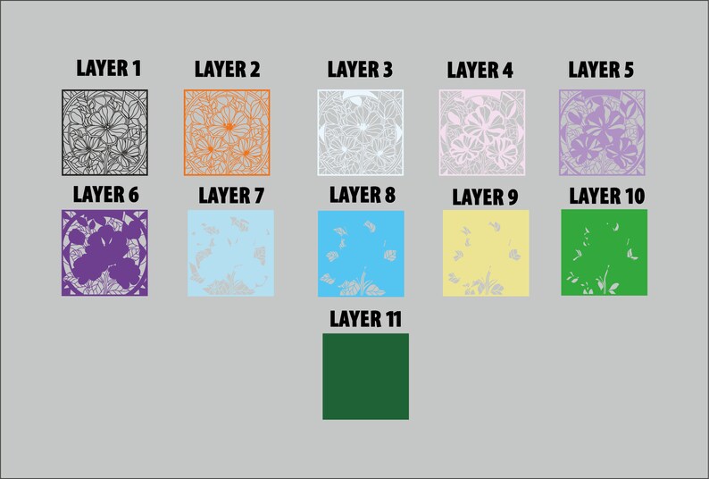 May include: Eleven layers of a digital design featuring a floral pattern in various colours, including black, orange, white, pink, purple, light blue, blue, yellow, green, and dark green.