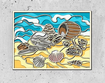 Sea shells and starfish 3D Mandala svg files, DXF templates for CNC router, layered panel for laser cutting, Sea Layered SVG,