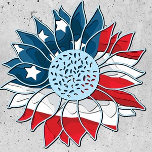 May include: A blue, white, and red sunflower with the American flag design. The sunflower is outlined in blue.
