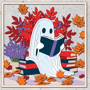 May include: A white ghost wearing a white sheet sits on a stack of books and reads a purple book. The ghost is surrounded by red and orange leaves.